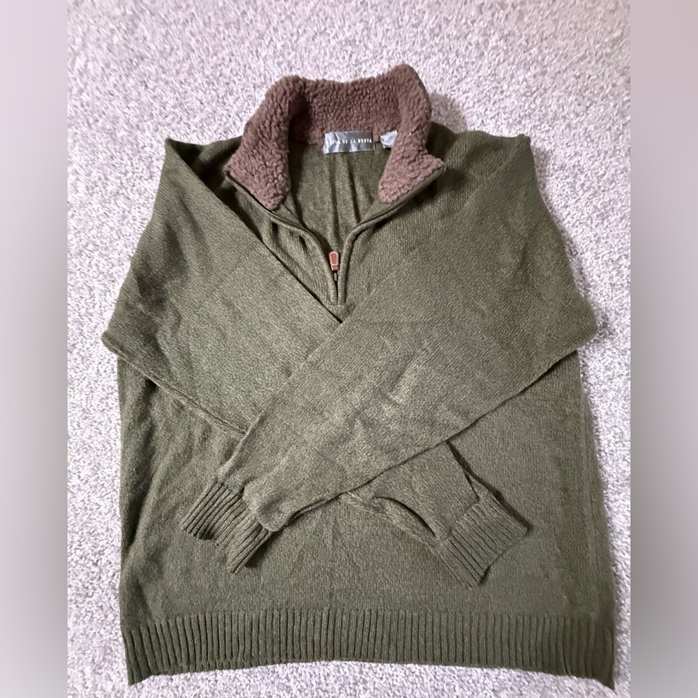Oscar de la Renta Men’s Sherpa Collared Green Brown Quarter-Zip Sweater Size XL